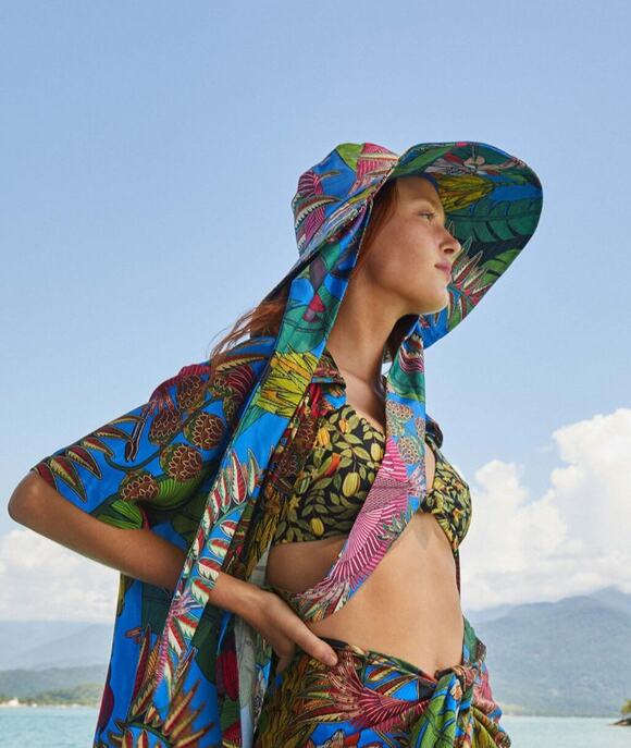 Farm Rio Hat One Size Tropical Bird Floral Sun Hat Wide Brim Chin Strap Boho main image 9